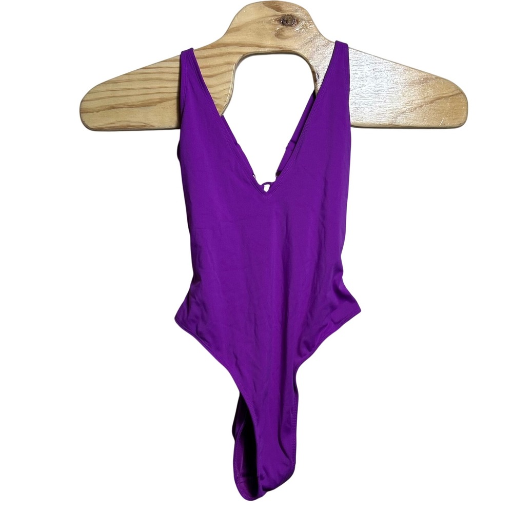 TA3 Plungey Sculpting One Piece Swimsuit Purple Lace Up Back Size L RL